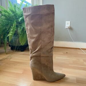 Stylish beige slouchy Knee-High Wedge Boots in faux suede PLT tan